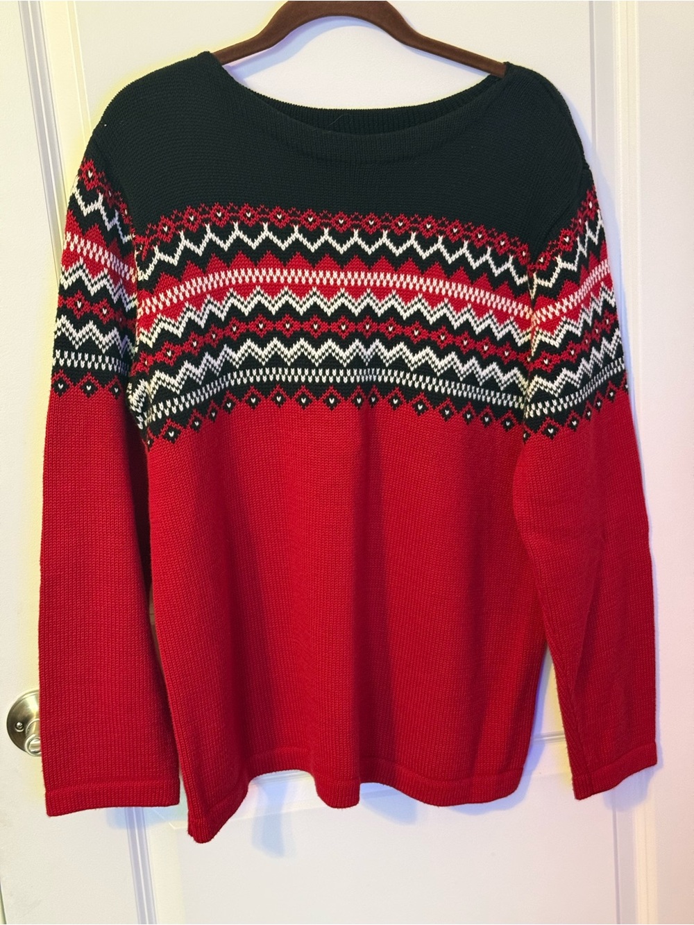 Eddie Bauer Women’s Large Fair Isle Nordic Sweater Red Black Ivory 100% Cotton